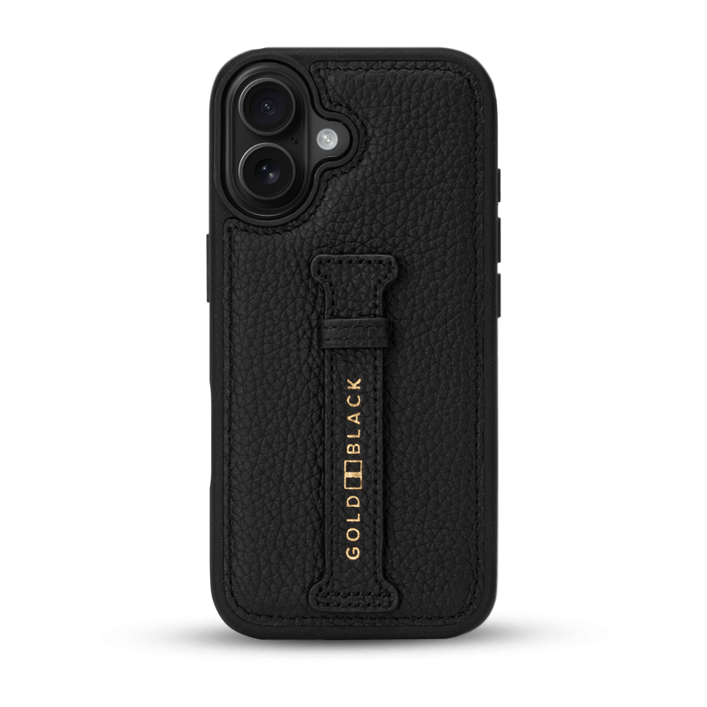 iPhone 17 Lederhülle Nappa - mit Fingerschlaufe - GOLDBLACKpremium