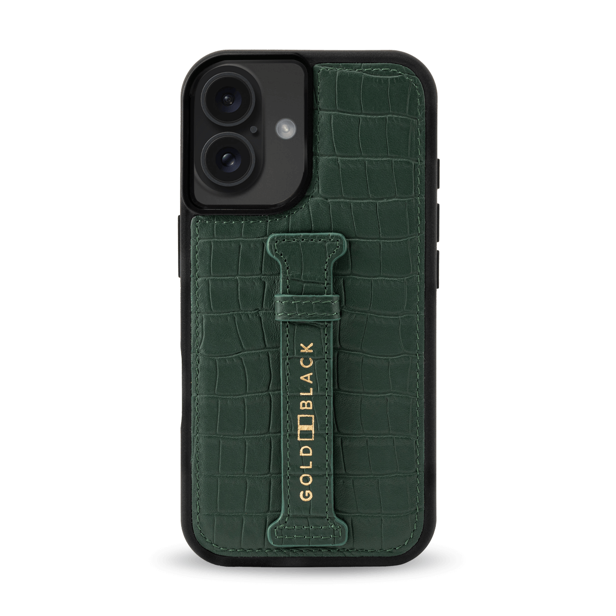 iPhone 16 Lederhülle CrocPrestige grün mit Fingerschlaufe - GOLDBLACKpremium