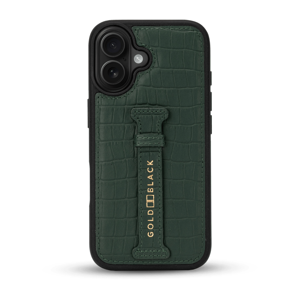 iPhone 17 Lederhülle CrocPrestige - mit Fingerschlaufe - GOLDBLACKpremium