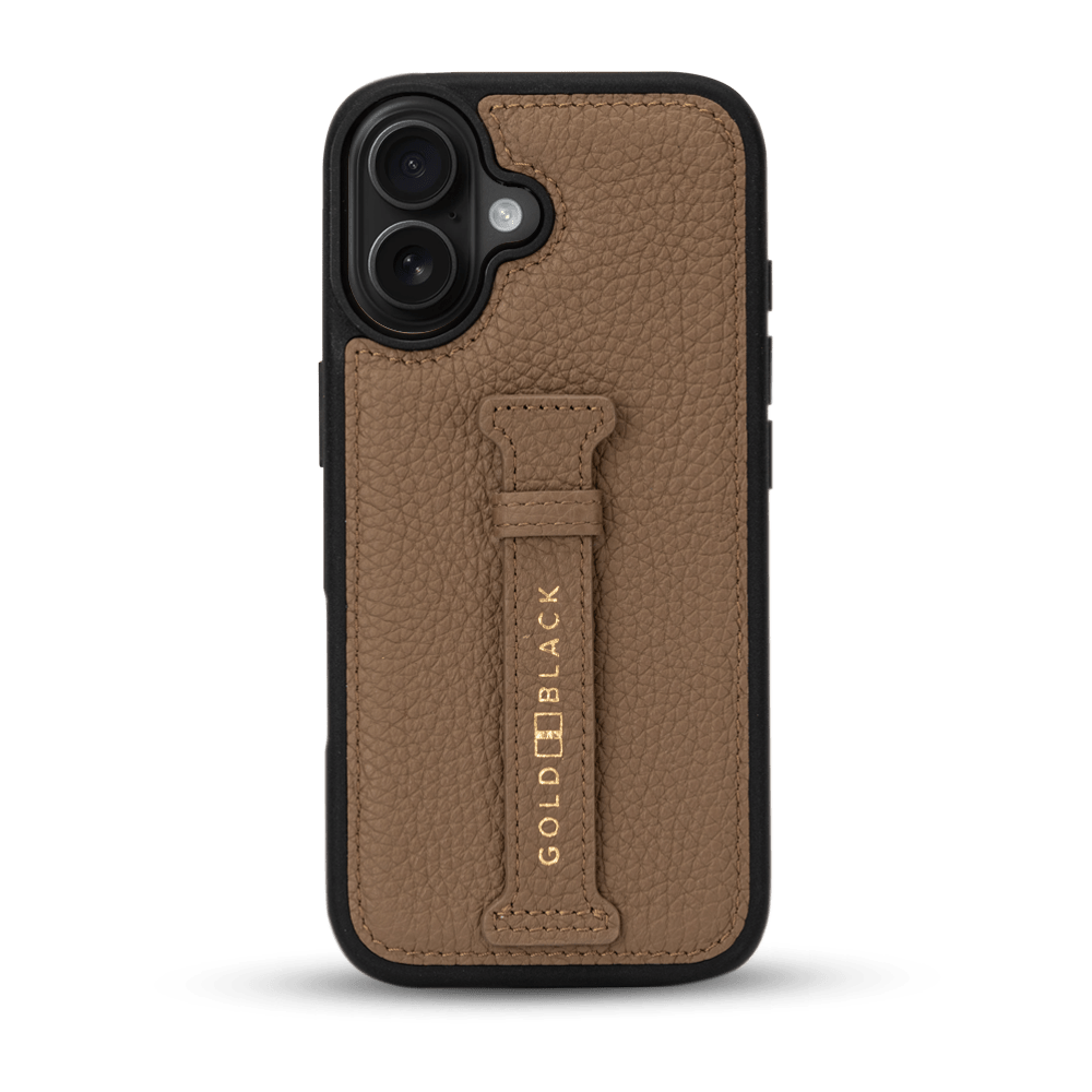iPhone 17 Lederhülle Nappa - mit Fingerschlaufe - GOLDBLACKpremium