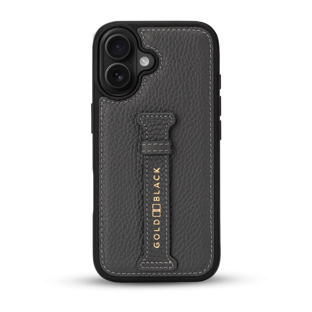 iPhone 17 Lederhülle Nappa - mit Fingerschlaufe - GOLDBLACKpremium