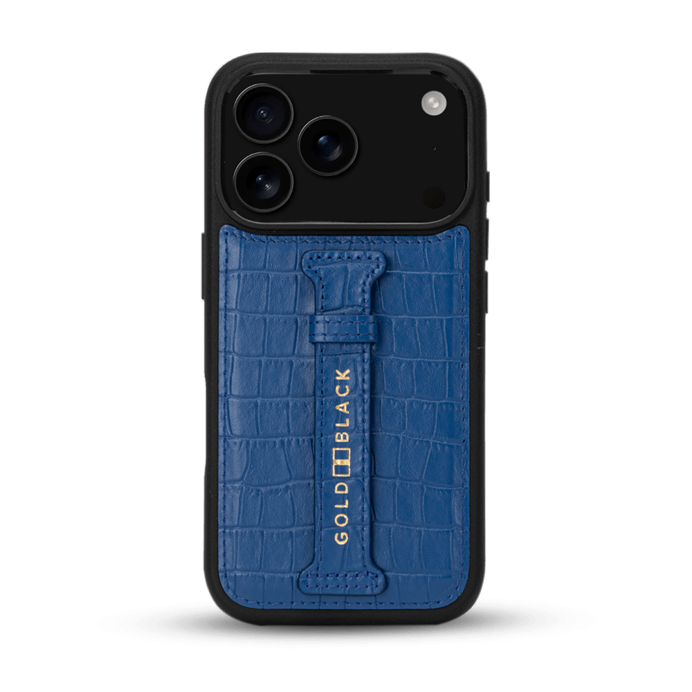 iPhone 17 Pro Lederhülle CrocPrestige - mit Fingerschlaufe - GOLDBLACKpremium