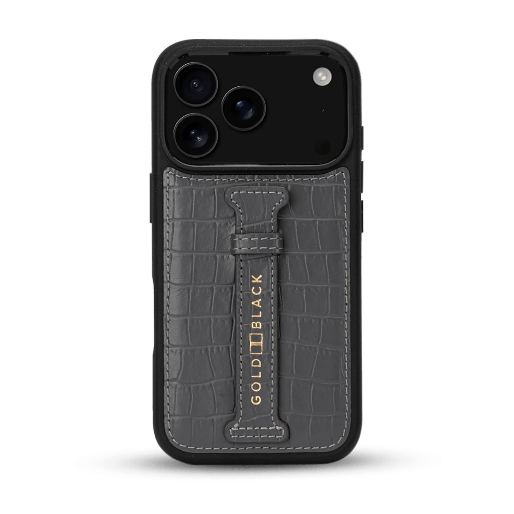 iPhone 17 Pro Lederhülle CrocPrestige - mit Fingerschlaufe - GOLDBLACKpremium