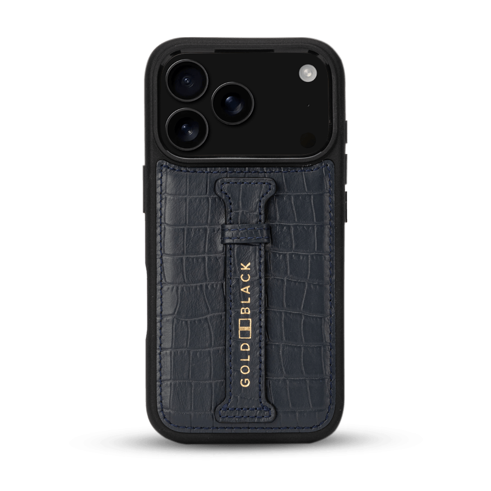 iPhone 17 Pro Lederhülle CrocPrestige - mit Fingerschlaufe - GOLDBLACKpremium