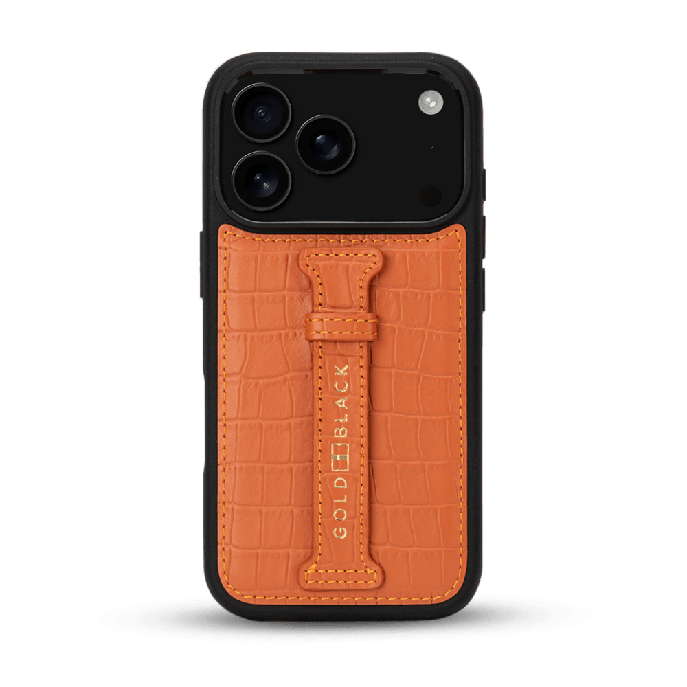 iPhone 17 Pro Lederhülle CrocPrestige - mit Fingerschlaufe - GOLDBLACKpremium
