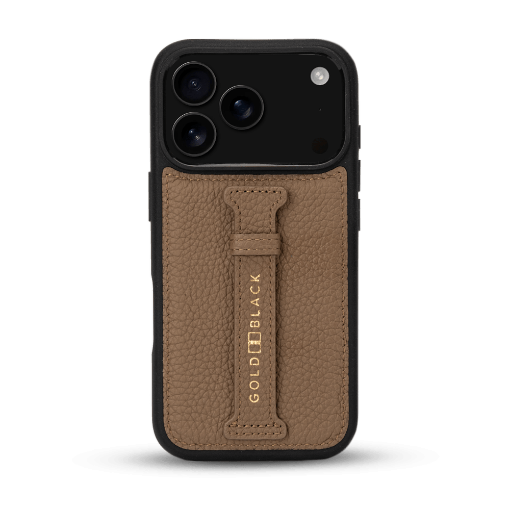 iPhone 17 Pro Lederhülle Nappa - mit Fingerschlaufe - GOLDBLACKpremium
