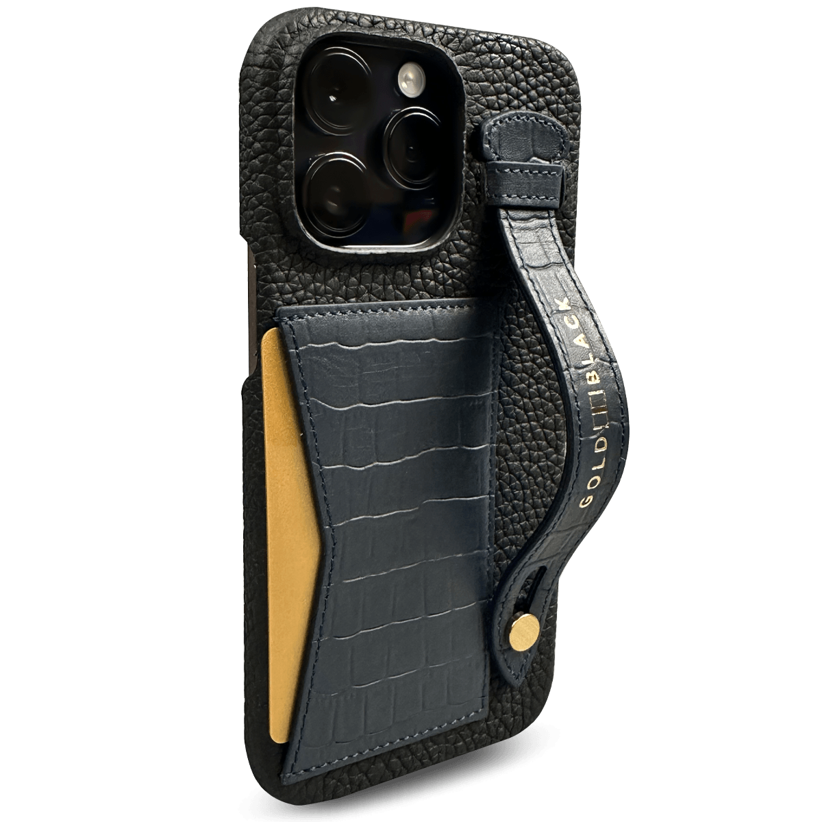 iPhone 14 Pro Max Slim Lederhülle Kroko-Prägung Navy Blau mit Kartenetui und Schlaufe - GOLDBLACKpremium