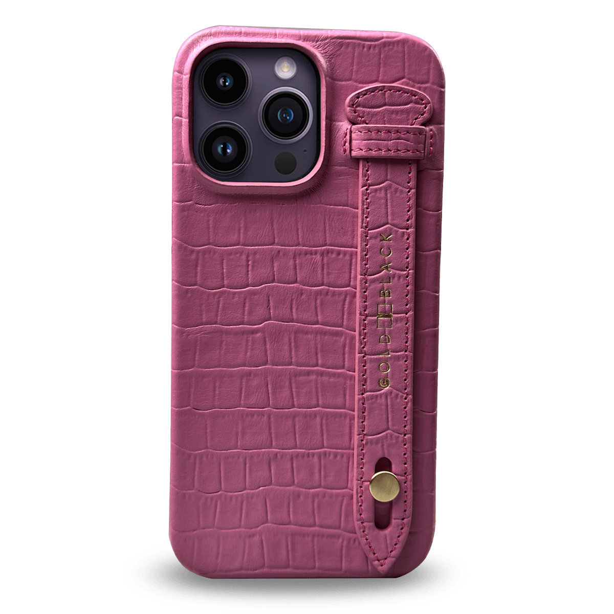 iPhone 14 Pro Max Slim Lederhülle Kroko-Prägung pink mit Fingerschlaufe - GOLDBLACKpremium