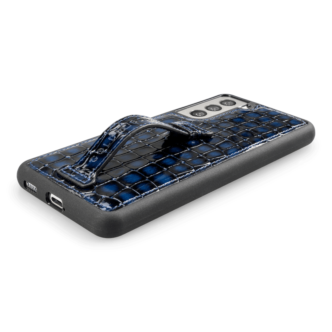 Samsung S21 Lederhülle mit Fingerschlaufe Milano Blau - GOLDBLACKpremium
