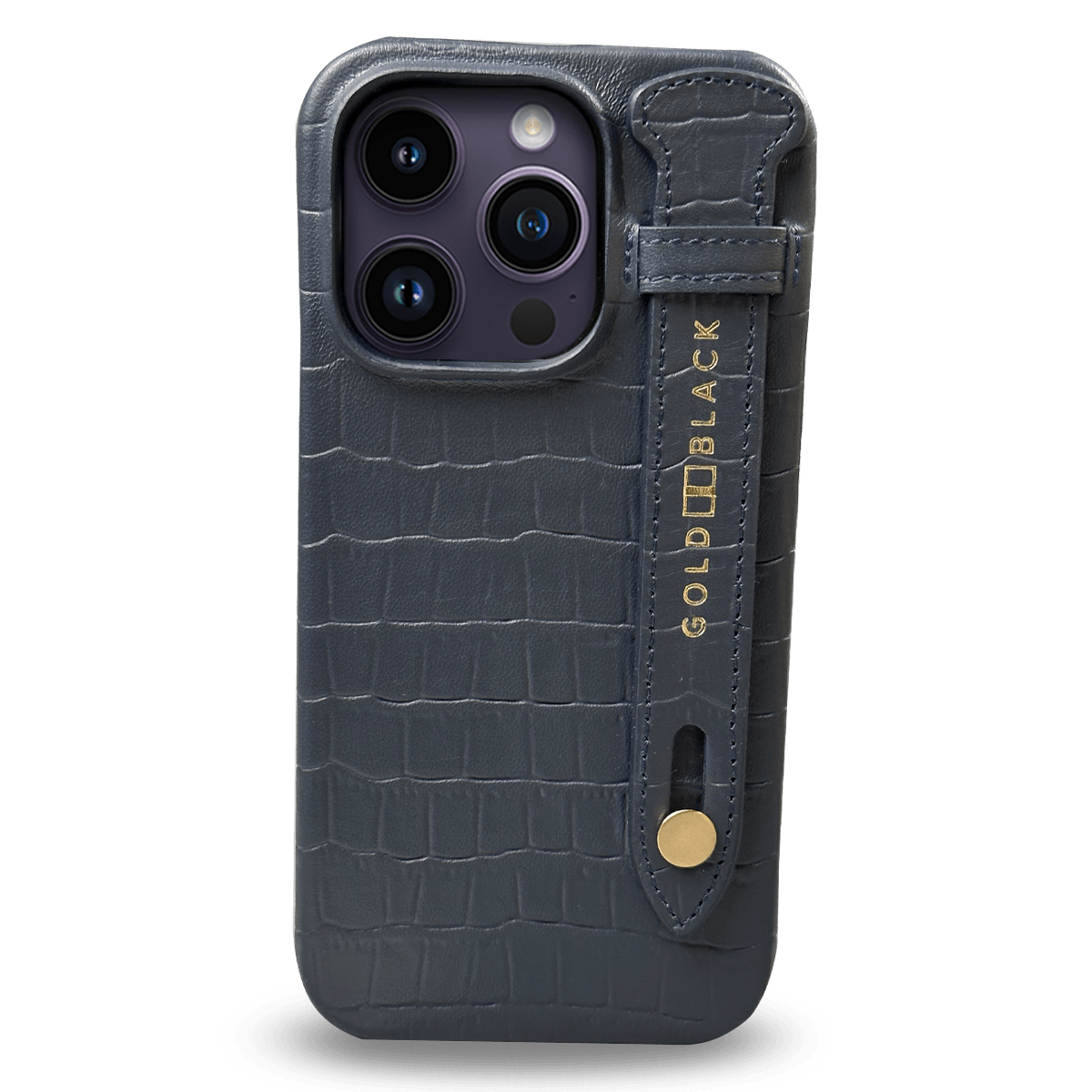 iPhone 14 Pro Slim Lederhülle Kroko-Prägung Navy Blau mit Fingerschlaufe - GOLDBLACKpremium