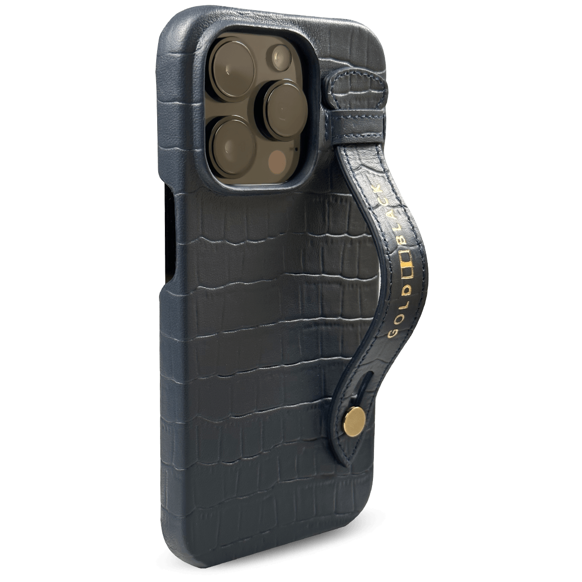 iPhone 14 Pro Slim Lederhülle Kroko-Prägung Navy Blau mit Fingerschlaufe - GOLDBLACKpremium