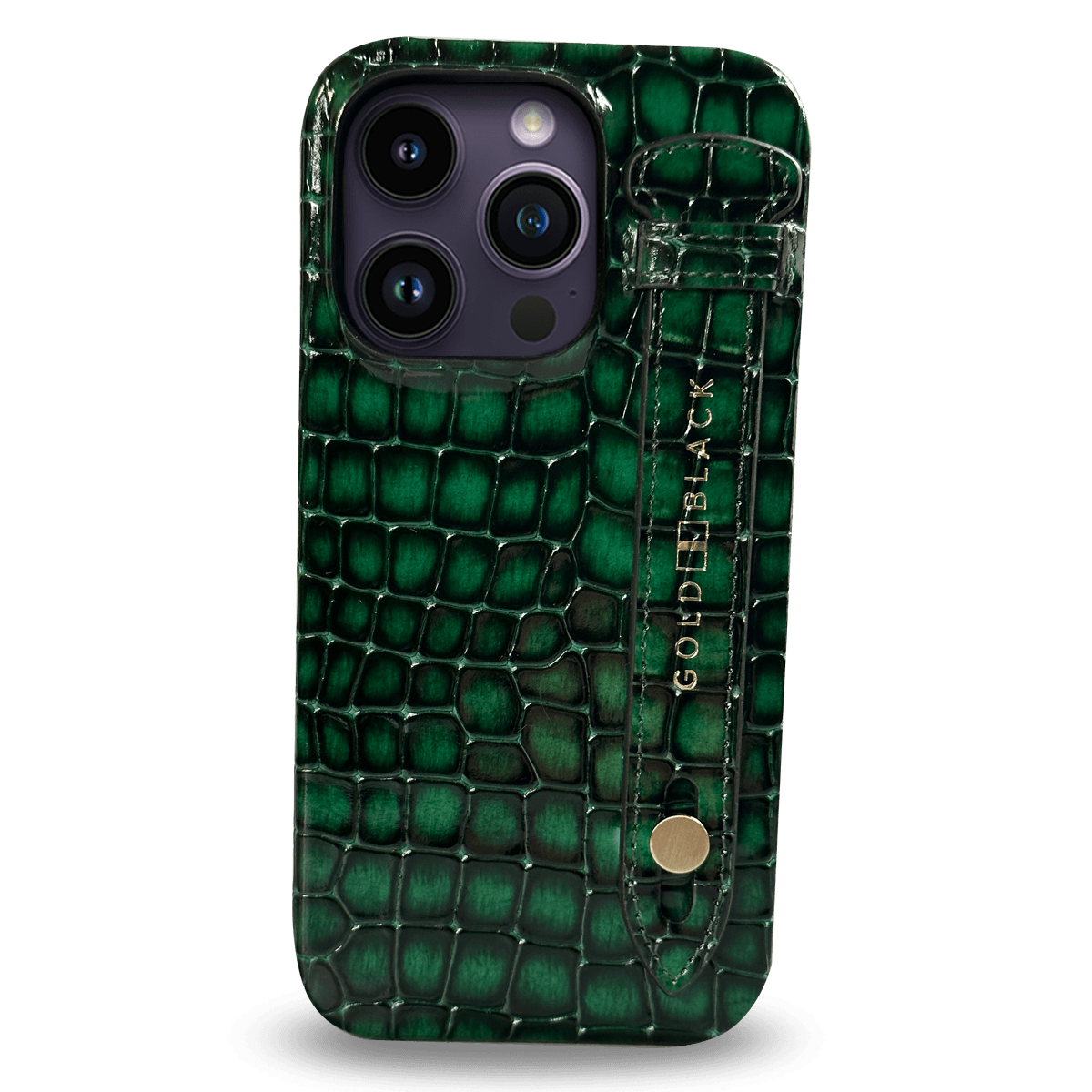 iPhone 14 Pro Slim Lederhülle MILANO-Design grün mit Fingerschlaufe - GOLDBLACKpremium