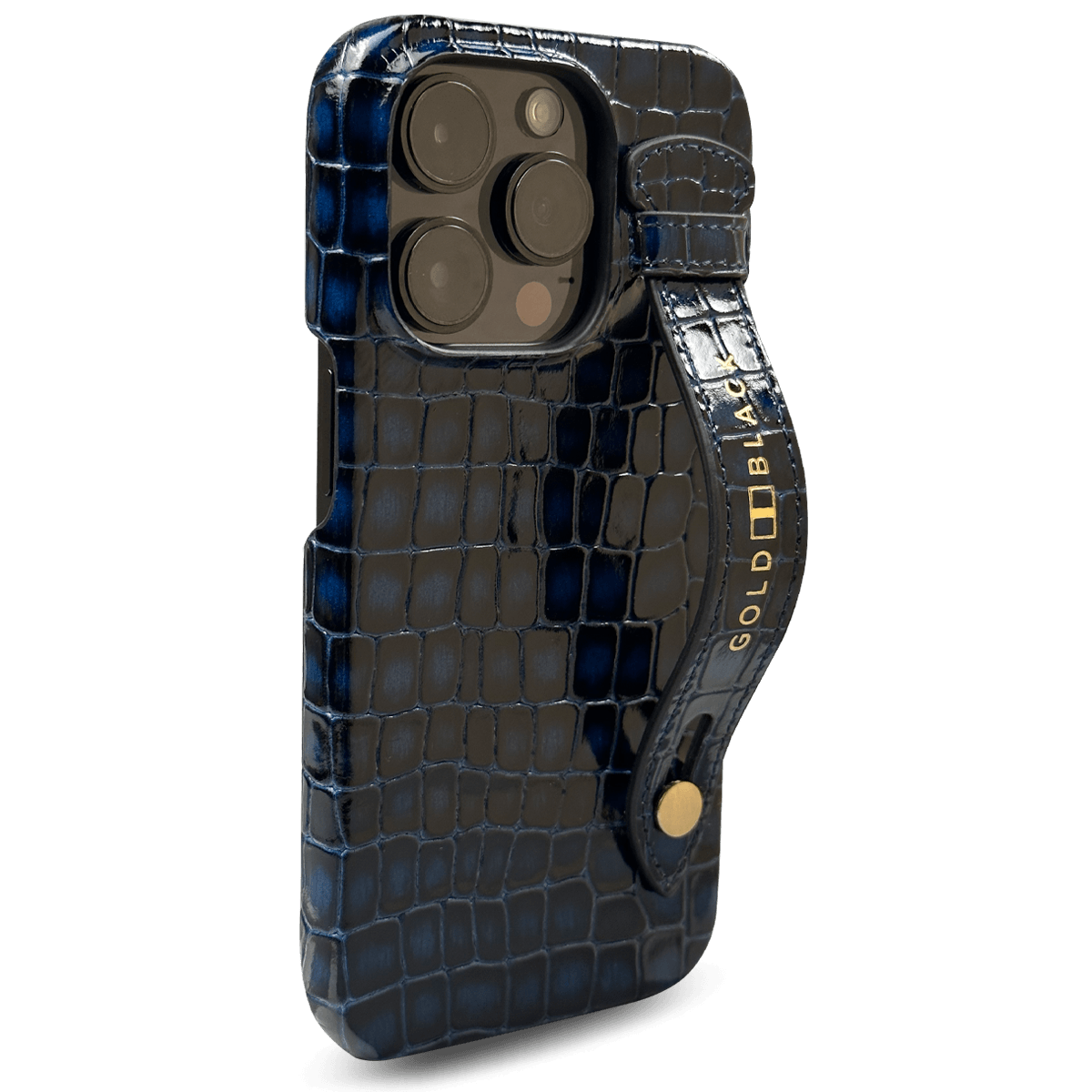 iPhone 14 Pro Slim Lederhülle MILANO-Design blau mit Fingerschlaufe - GOLDBLACKpremium