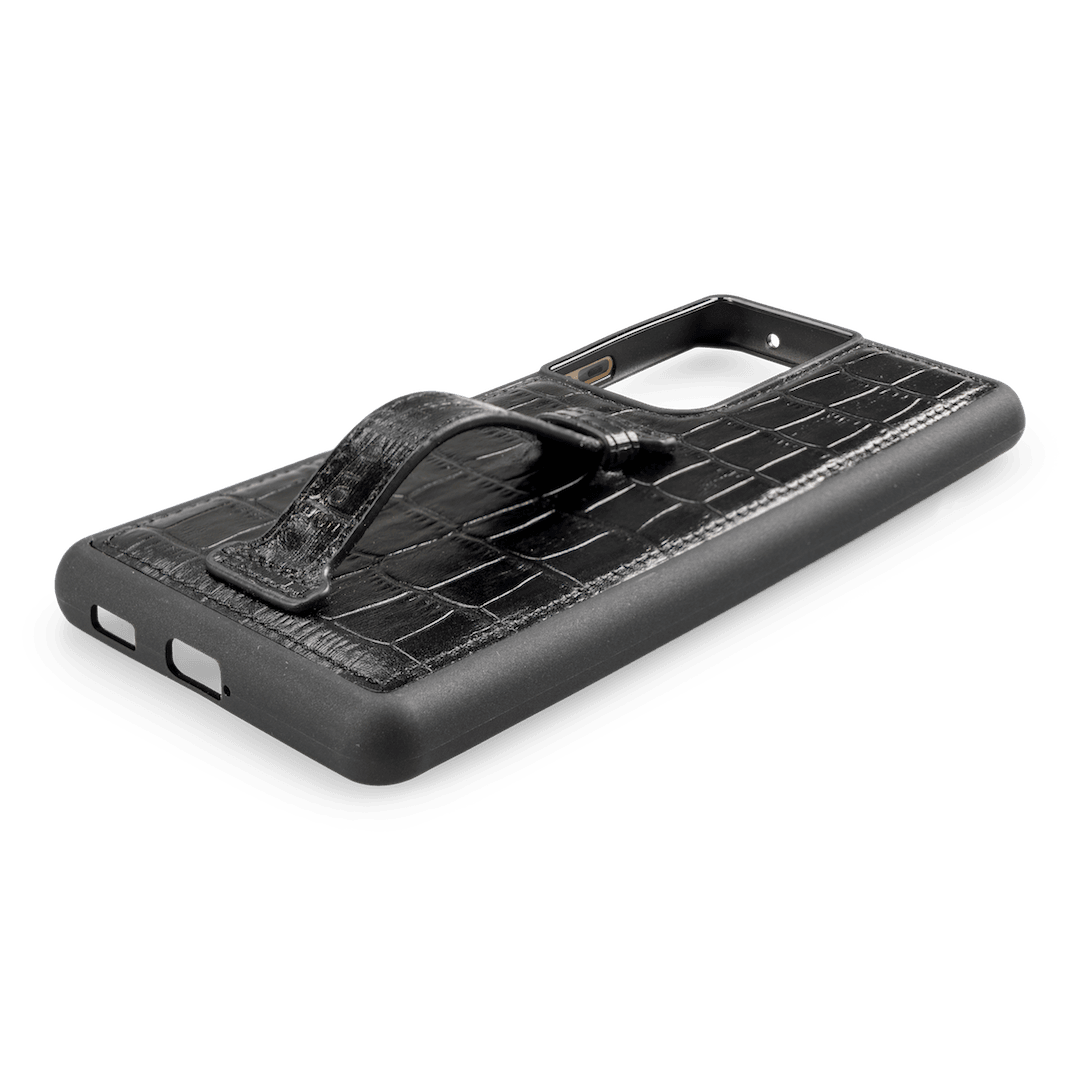 Samsung S21 Ultra Lederhülle mit Fingerschlaufe Croco Schwarz - GOLDBLACKpremium