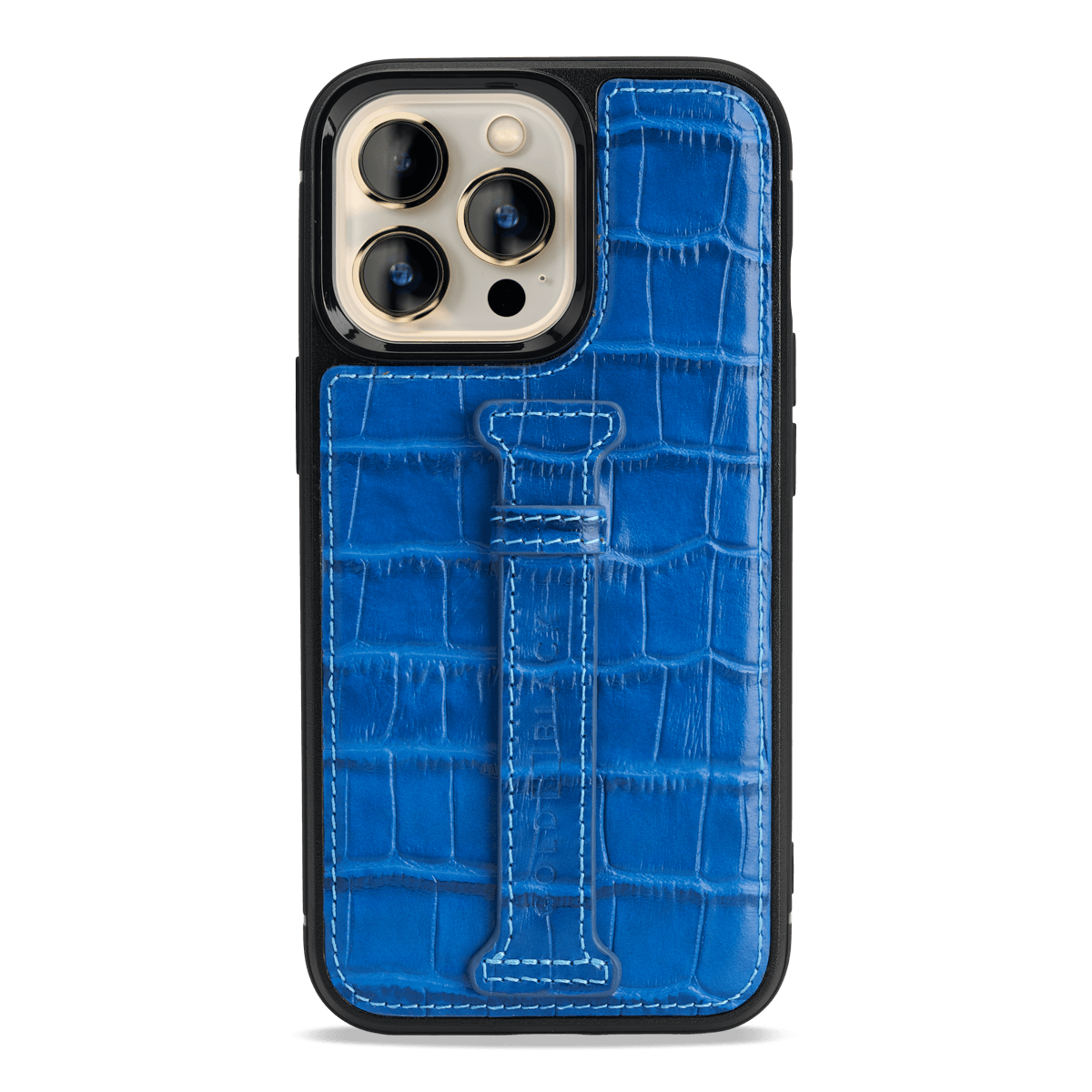 iPhone 13 Pro Leder Case mit Fingerschlaufe Kroko-Prägung blau - GOLDBLACKpremium