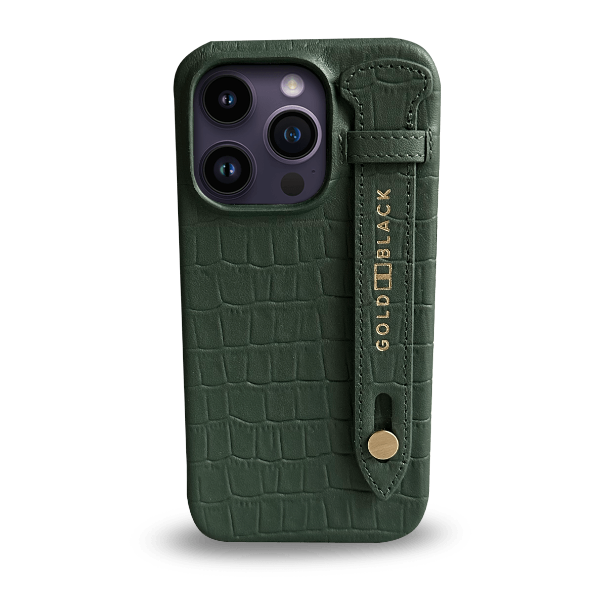 iPhone 14 Pro Slim Lederhülle Kroko-Prägung grün mit Fingerschlaufe - GOLDBLACKpremium