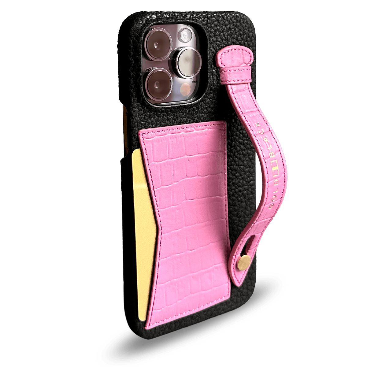 iPhone 14 Pro Max Slim Lederhülle Kroko-Prägung pink mit Kartenetui und Schlaufe - GOLDBLACKpremium