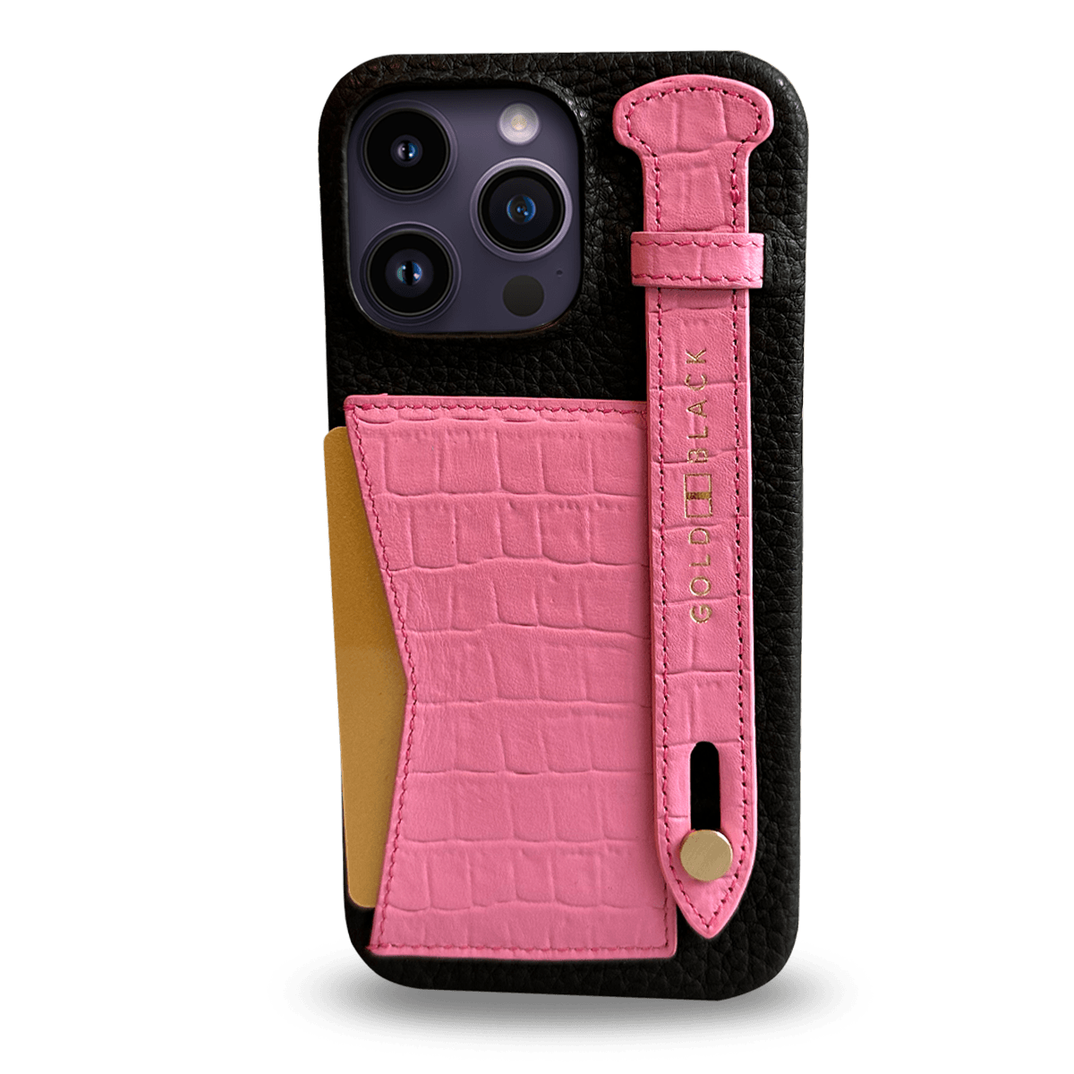 iPhone 14 Pro Max Slim Lederhülle Kroko-Prägung pink mit Kartenetui und Schlaufe - GOLDBLACKpremium