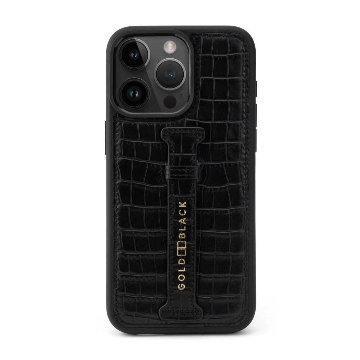 iPhone 16 Pro Max Lederhülle CrocPrestige schwarz mit Fingerschlaufe - GOLDBLACKpremium