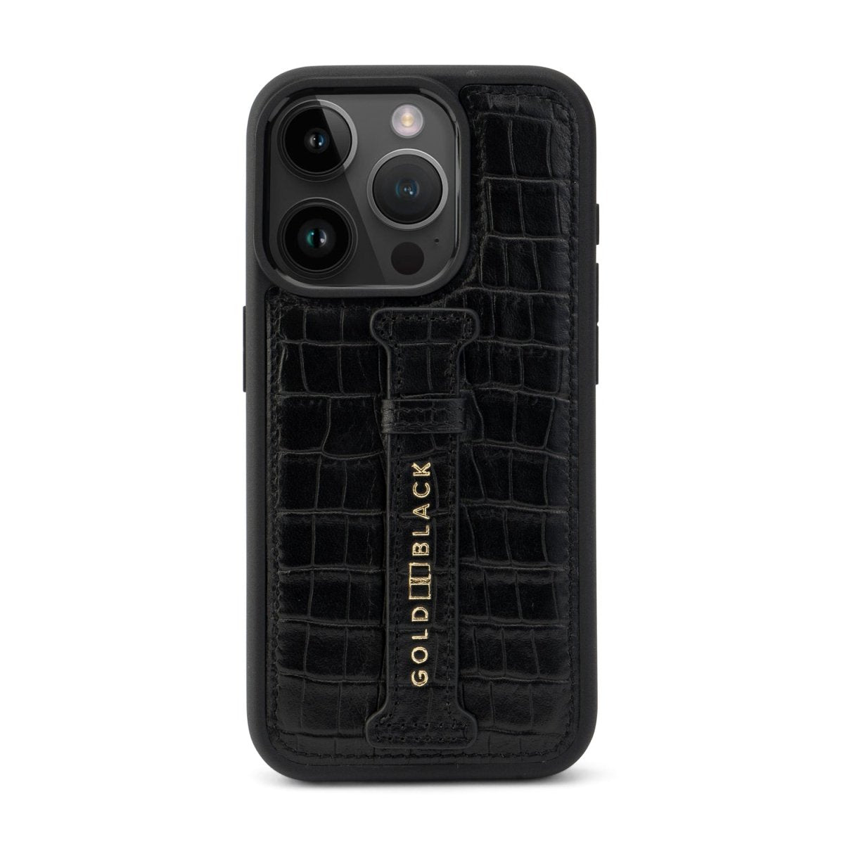 iPhone 16 Pro Lederhülle CrocPrestige schwarz mit Fingerschlaufe - GOLDBLACKpremium