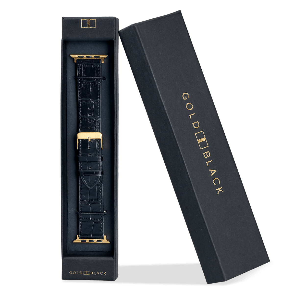Apple Watch Leder Armband KROKO-PRÄGUNG Schwarz (Adapter gold) - GOLDBLACKpremium