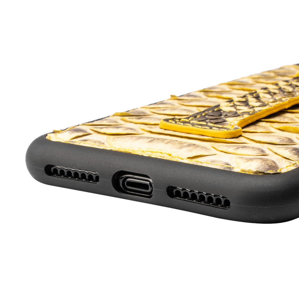 iPHONE 11 PRO LEDERHÜLLE MIT FINGERSCHLAUFE PYTHON GELB - GOLDBLACKpremium