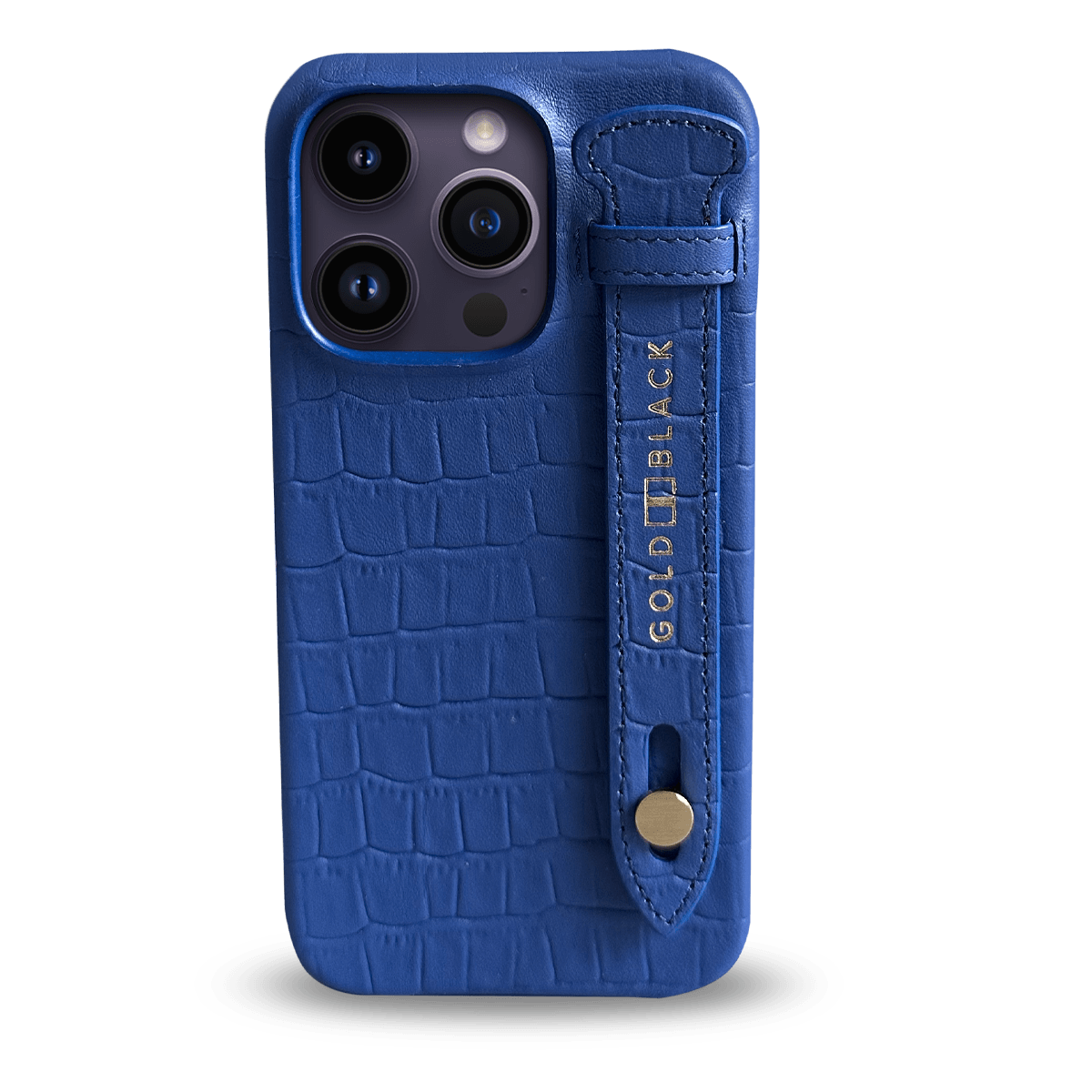iPhone 14 Pro Slim Lederhülle Kroko-Prägung Blau mit Fingerschlaufe - GOLDBLACKpremium