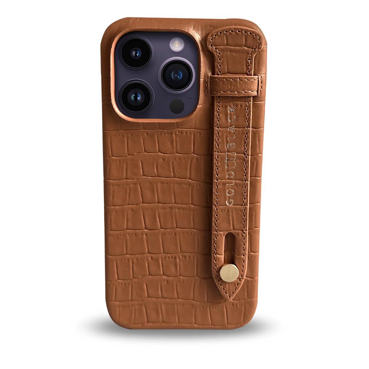 iPhone 14 Pro Slim Lederhülle Kroko-Prägung braun beige mit Fingerschlaufe - GOLDBLACKpremium