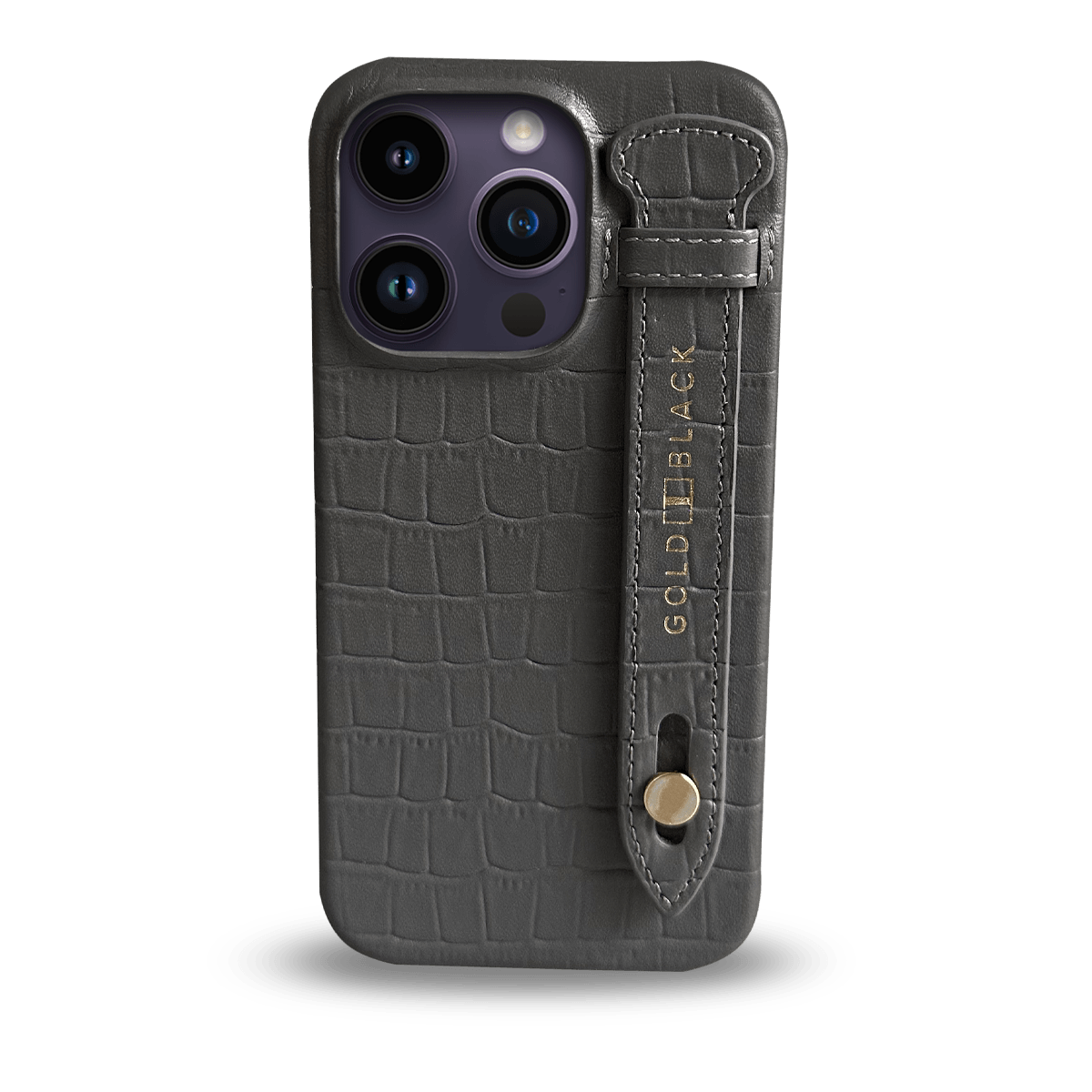 iPhone 14 Pro Slim Lederhülle Kroko-Prägung Grau mit Fingerschlaufe - GOLDBLACKpremium