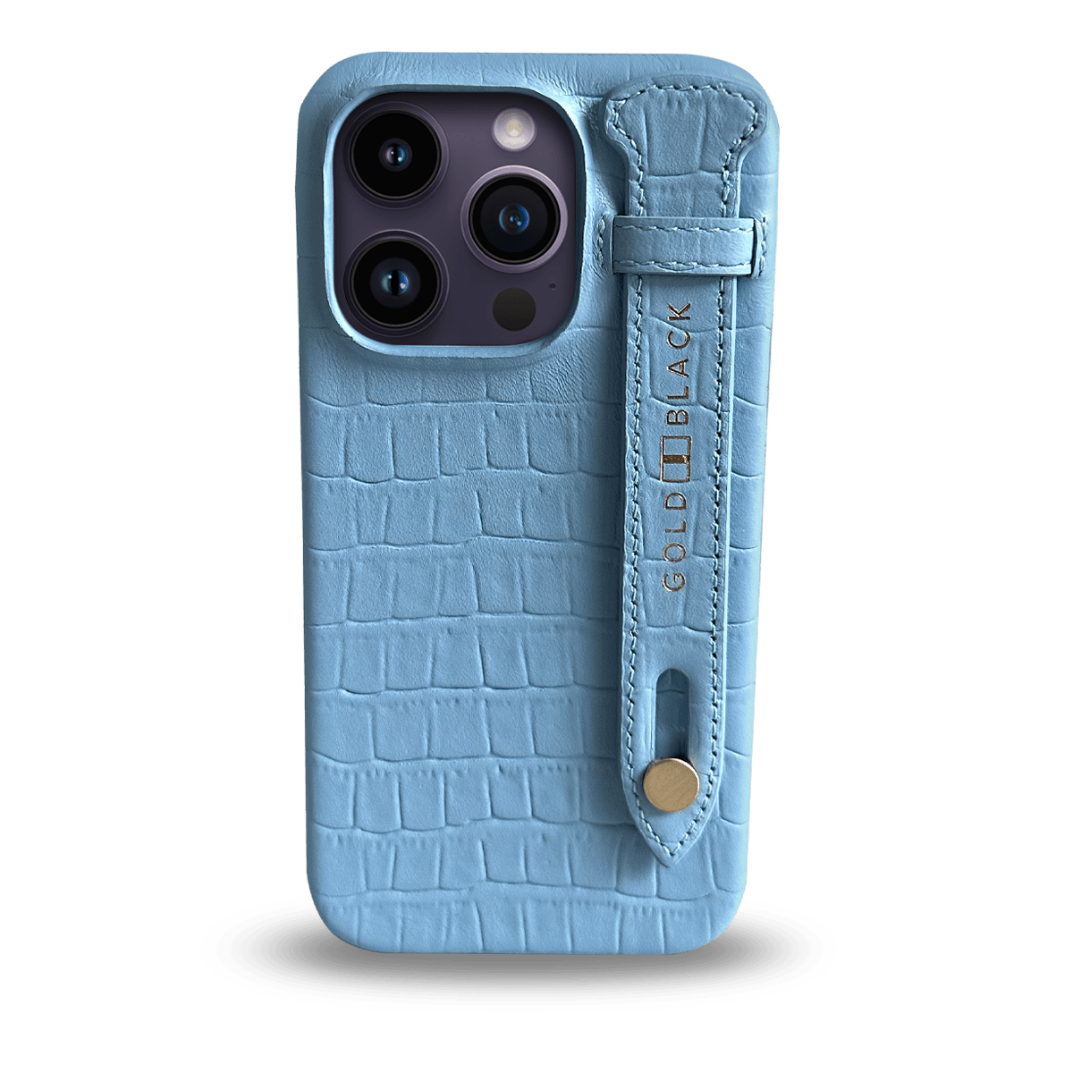 iPhone 14 Pro Slim Lederhülle Kroko-Prägung Pastel Blau mit Fingerschlaufe - GOLDBLACKpremium