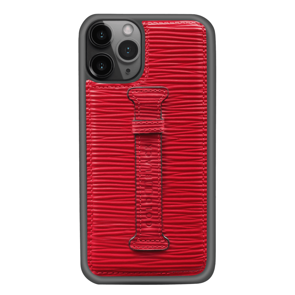 iPHONE 11 PRO LEDERHÜLLE MIT FINGERSCHLAUFE UNICO-Prägung ROT - GOLDBLACKpremium