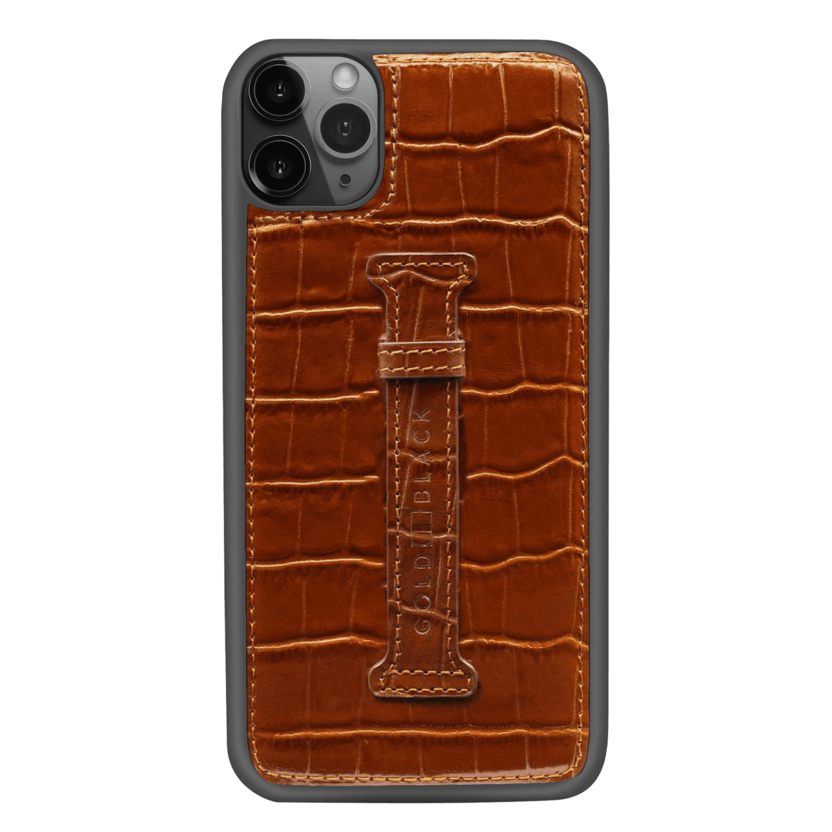iPhone 11 Pro Max Lederhülle mit Fingerschlaufe KROKO-PRÄGUNG Braun - GOLDBLACKpremium