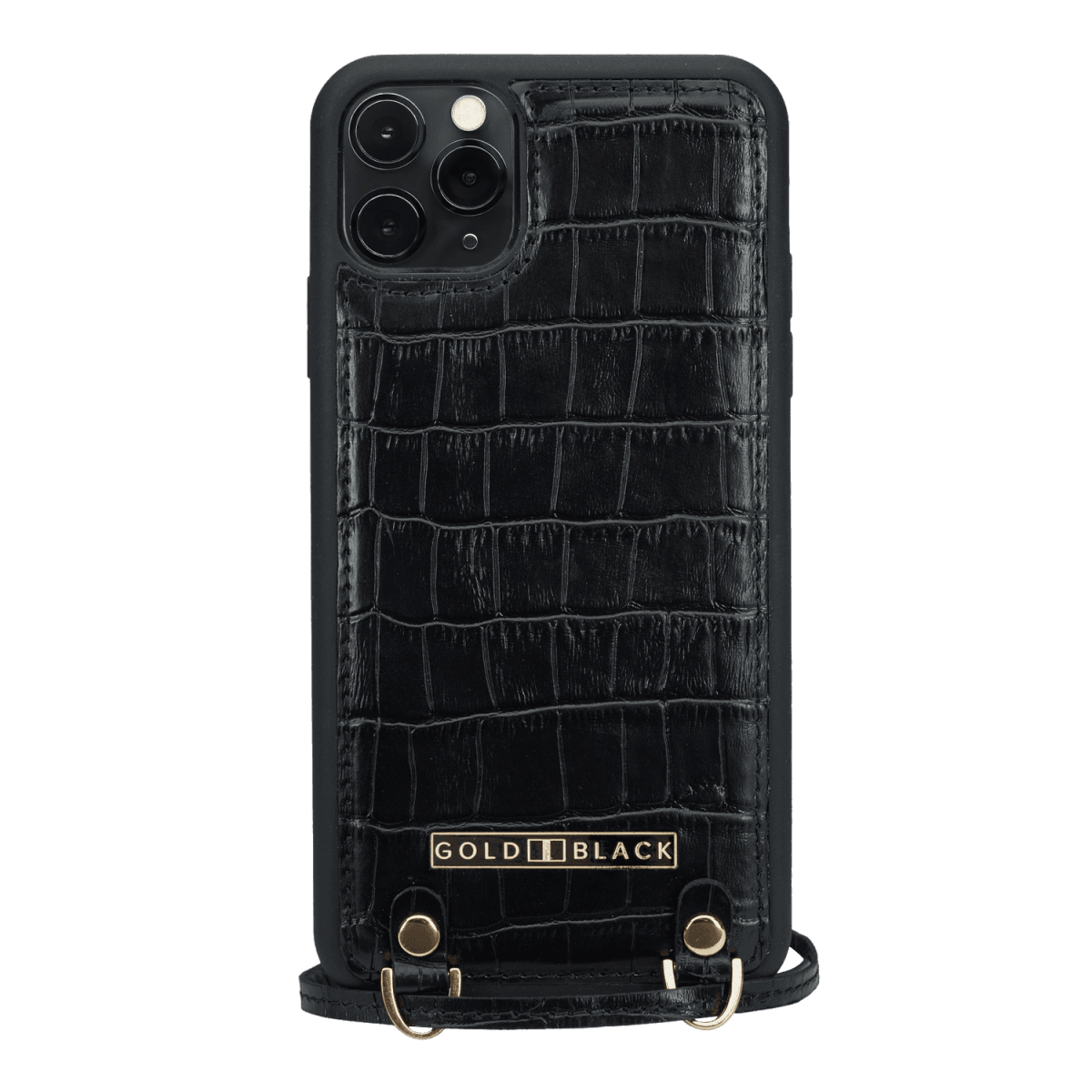 iPhone 11 Pro Max Lederhülle mit Necklace KROKO-PRÄGUNG Schwarz - GOLDBLACKpremium