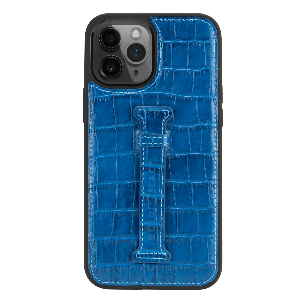 iPhone 12 Pro Max Lederhülle mit Fingerschlaufe Croco Blau - GOLDBLACKpremium