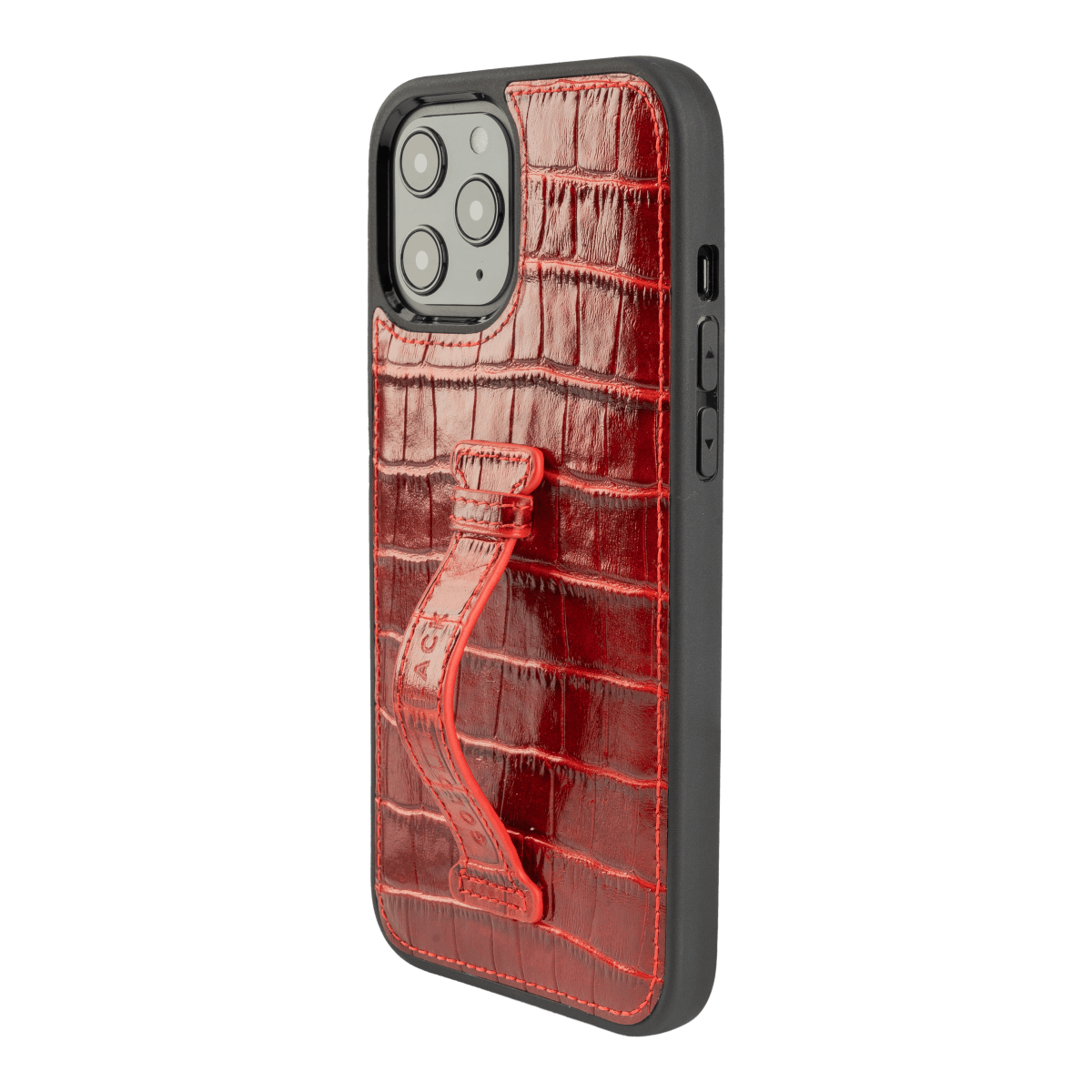 iPhone 12 Pro Max Lederhülle mit Fingerschlaufe Croco Rot - GOLDBLACKpremium