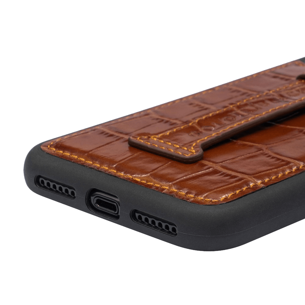 iPhone 11 Pro Lederhülle Mit Fingerschlaufe KROKO-PRÄGUNG Braun - GOLDBLACKpremium