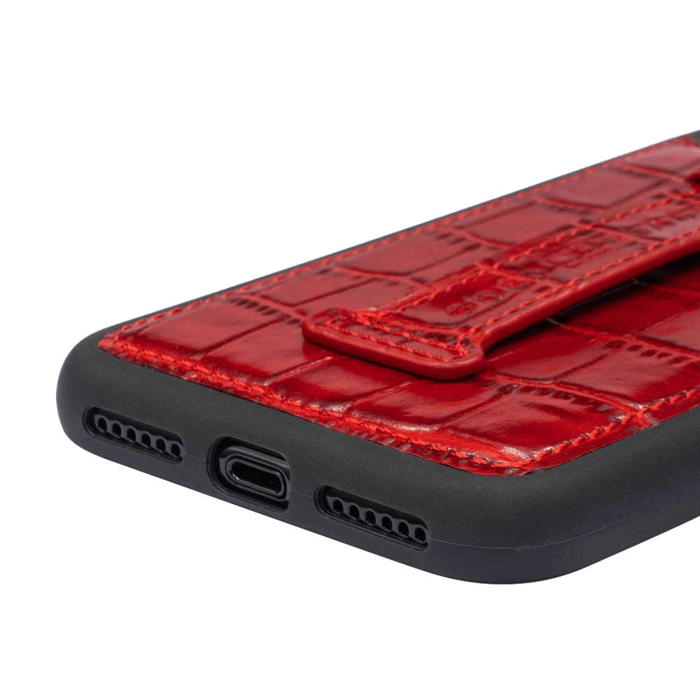 iPhone 11 Pro Lederhülle Mit Fingerschlaufe KROKO-PRÄGUNG Rot - GOLDBLACKpremium