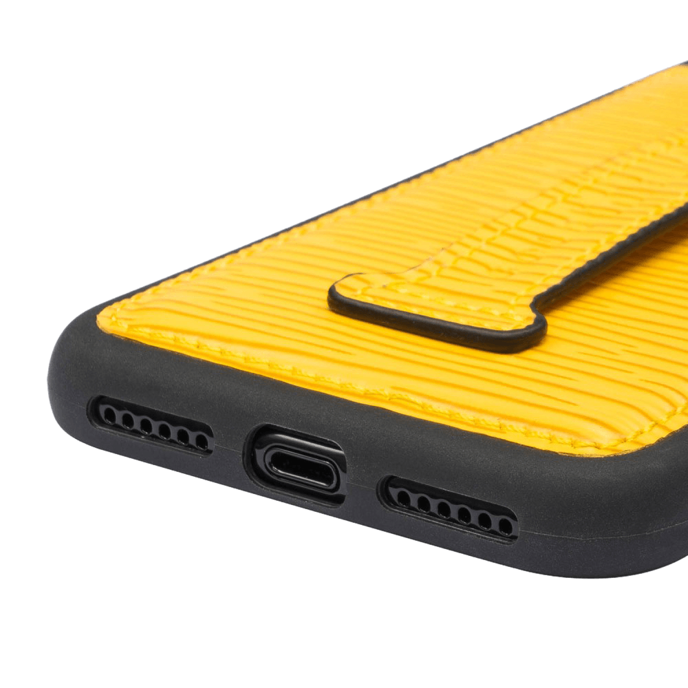 iPHONE 11 PRO LEDERHÜLLE MIT FINGERSCHLAUFE UNICO-Prägung GELB - GOLDBLACKpremium