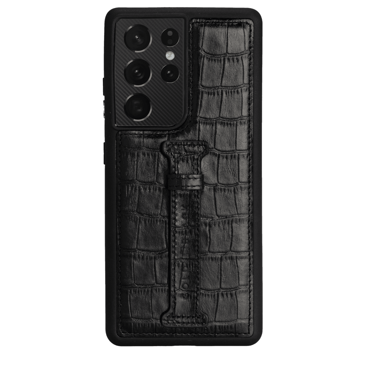 Samsung S21 Ultra Lederhülle mit Fingerschlaufe Croco Schwarz - GOLDBLACKpremium