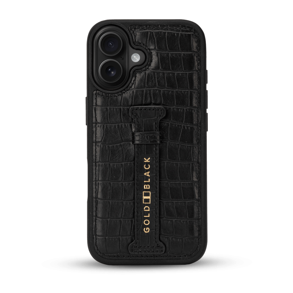 iPhone 17 Lederhülle CrocPrestige - mit Fingerschlaufe - GOLDBLACKpremium