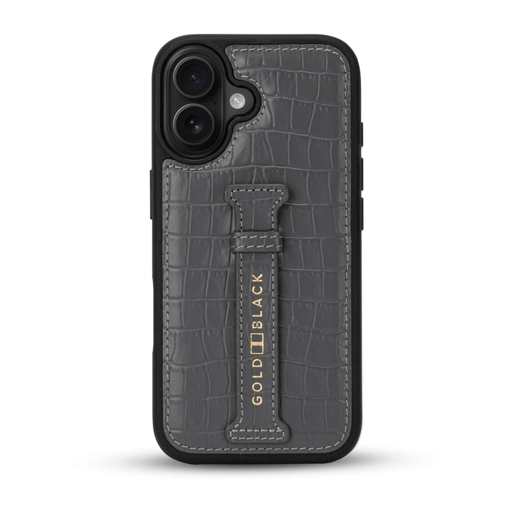 iPhone 17 Lederhülle CrocPrestige - mit Fingerschlaufe - GOLDBLACKpremium