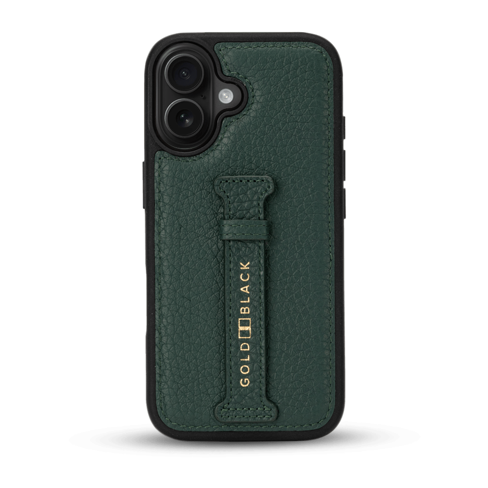 iPhone 17 Lederhülle Nappa - mit Fingerschlaufe - GOLDBLACKpremium