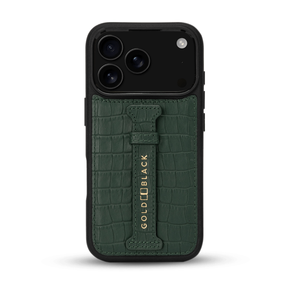 iPhone 17 Pro Lederhülle CrocPrestige - mit Fingerschlaufe - GOLDBLACKpremium
