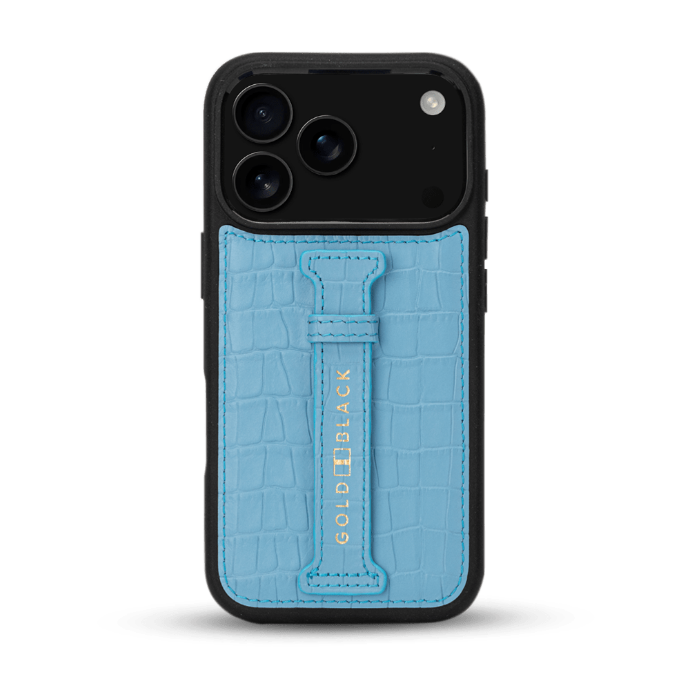 iPhone 17 Pro Lederhülle CrocPrestige - mit Fingerschlaufe - GOLDBLACKpremium