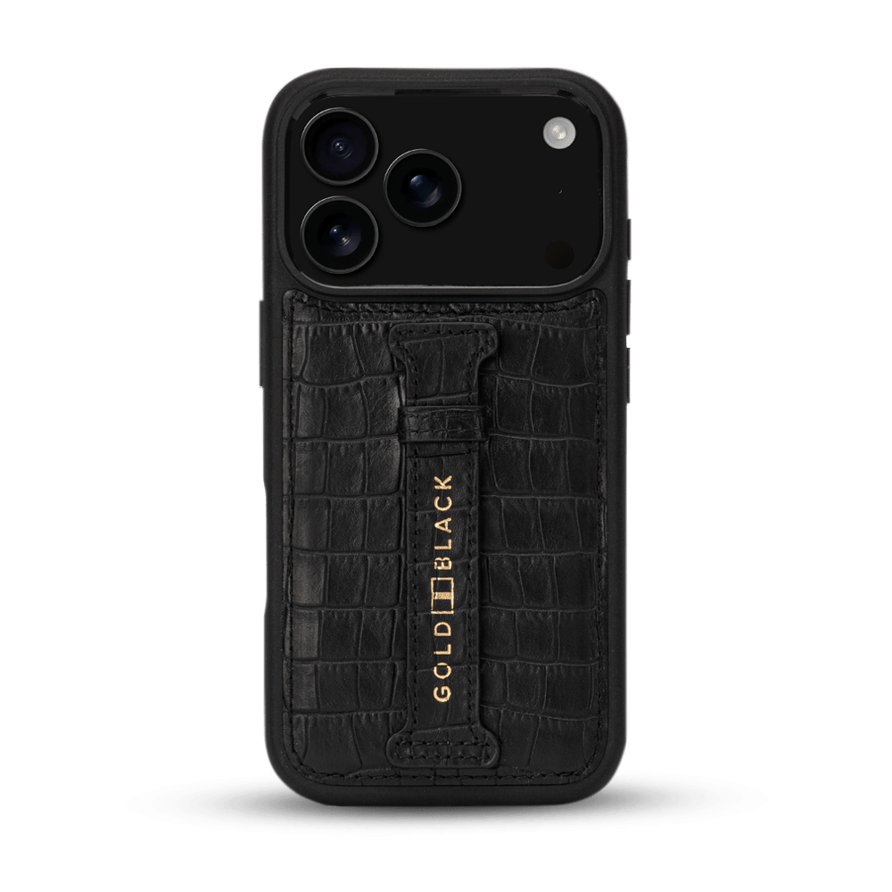 iPhone 17 Pro Lederhülle CrocPrestige - mit Fingerschlaufe - GOLDBLACKpremium