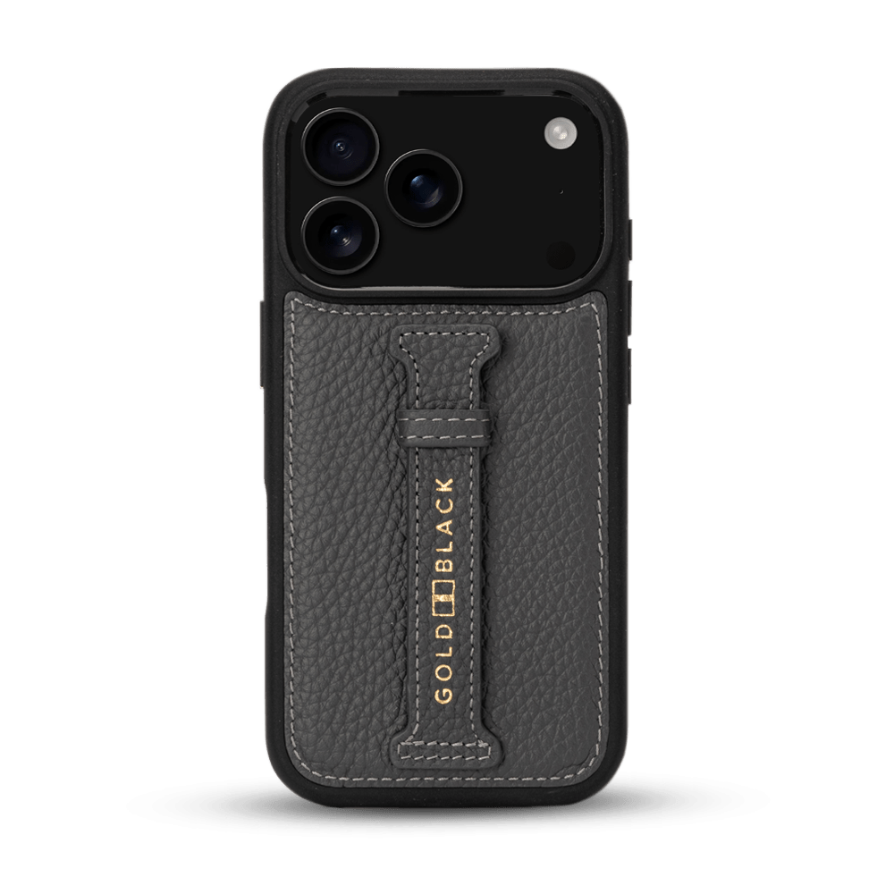 iPhone 17 Pro Lederhülle Nappa - mit Fingerschlaufe - GOLDBLACKpremium