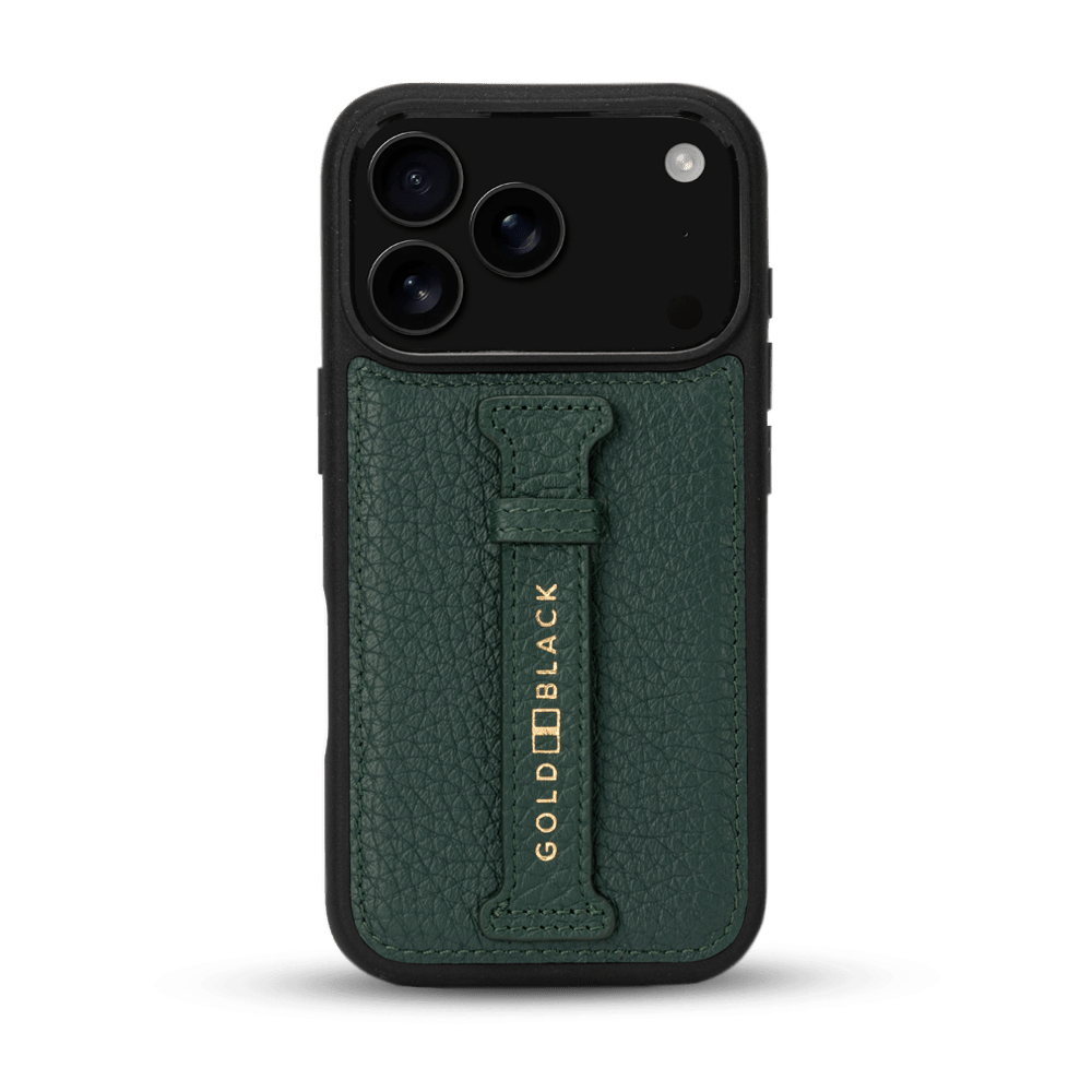 iPhone 17 Pro Lederhülle Nappa - mit Fingerschlaufe - GOLDBLACKpremium