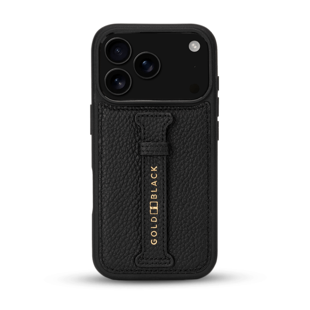 iPhone 17 Pro Lederhülle Nappa - mit Fingerschlaufe - GOLDBLACKpremium