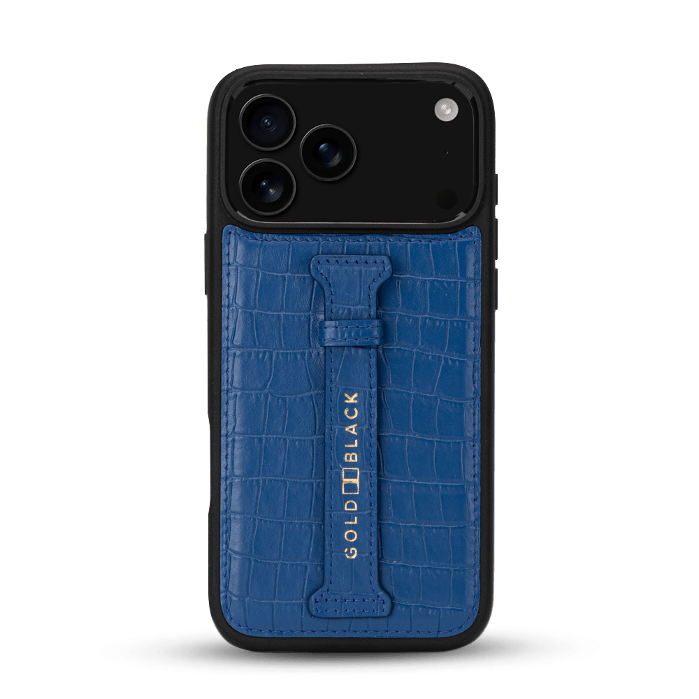 iPhone 17 Pro Max Lederhülle CrocPrestige - mit Fingerschlaufe - GOLDBLACKpremium