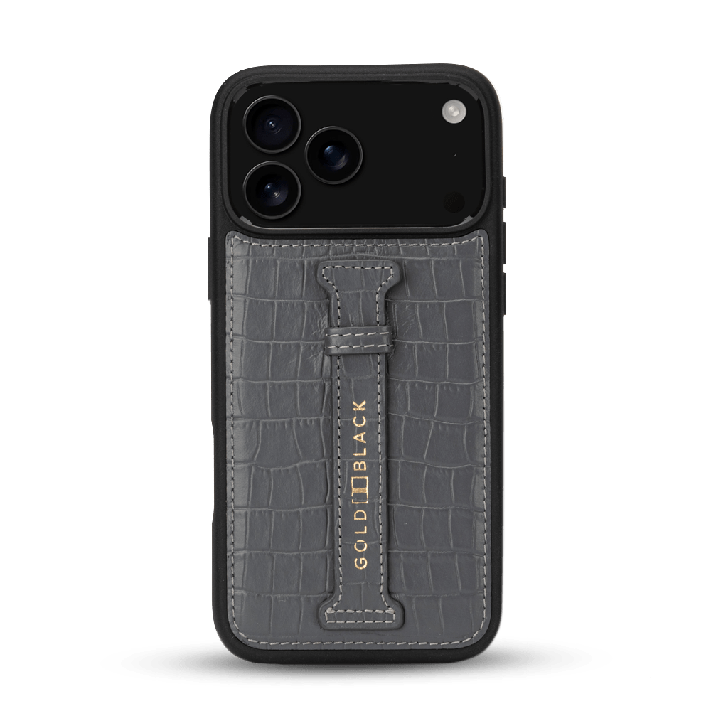 iPhone 17 Pro Max Lederhülle CrocPrestige - mit Fingerschlaufe - GOLDBLACKpremium